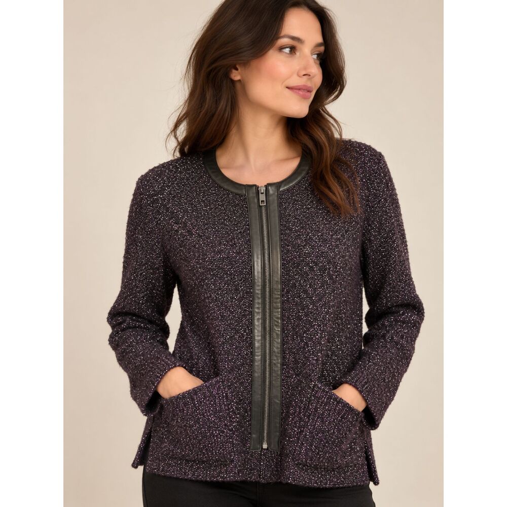 Rag & Bone Metallic Wool Leather Trim Zip Sweater Jacket Purple M